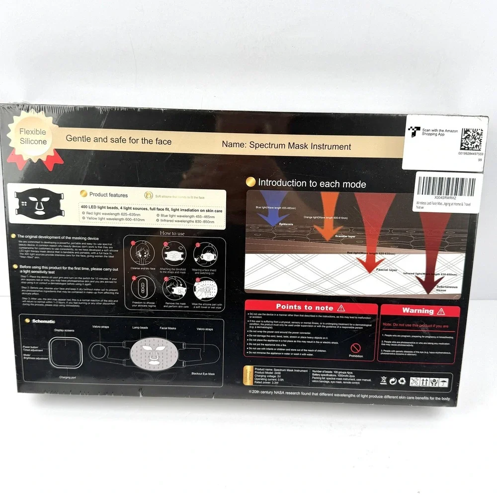 BNU Wireless LED Light Therapy Face Mask 400 Beads Anti Aging Skincare Tool - Picture 11 of 13